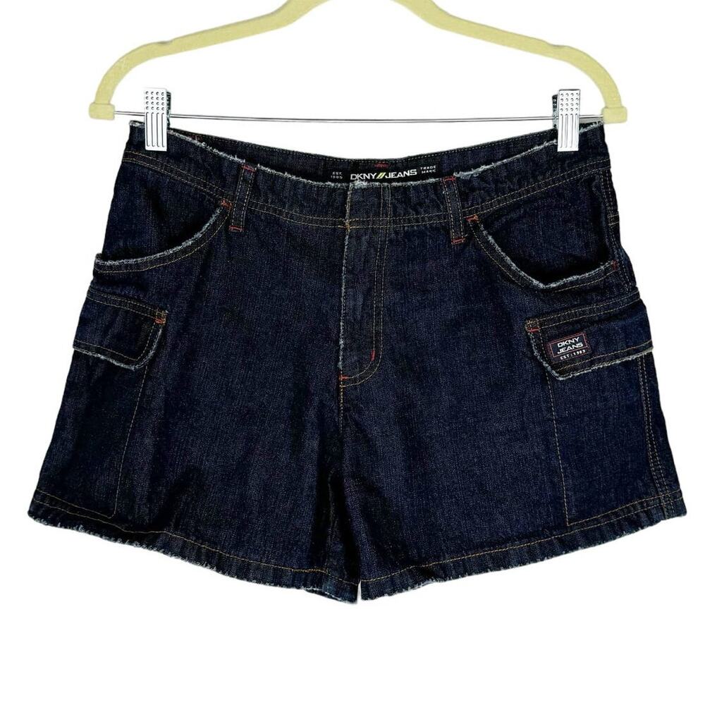 Vtg DKNY Jeans Navy Blue Dark Denim Distressed Cargo Grunge Jean Shorts Sz 6